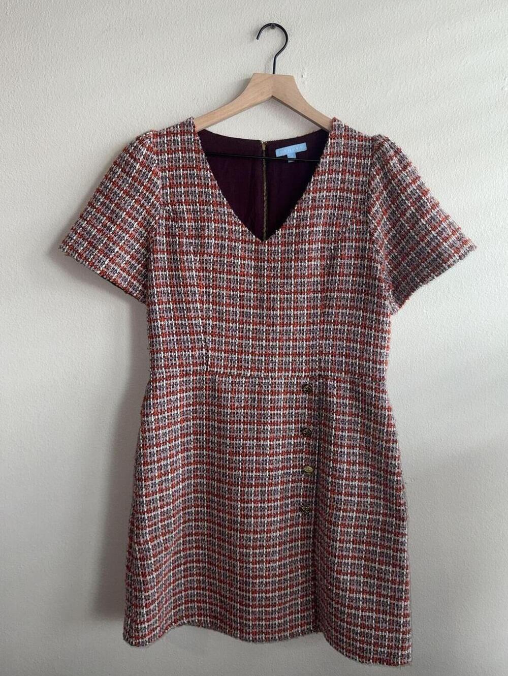 Draper James Tweed Plaid Dress Women's Size 12 Short Sleeve V Neck